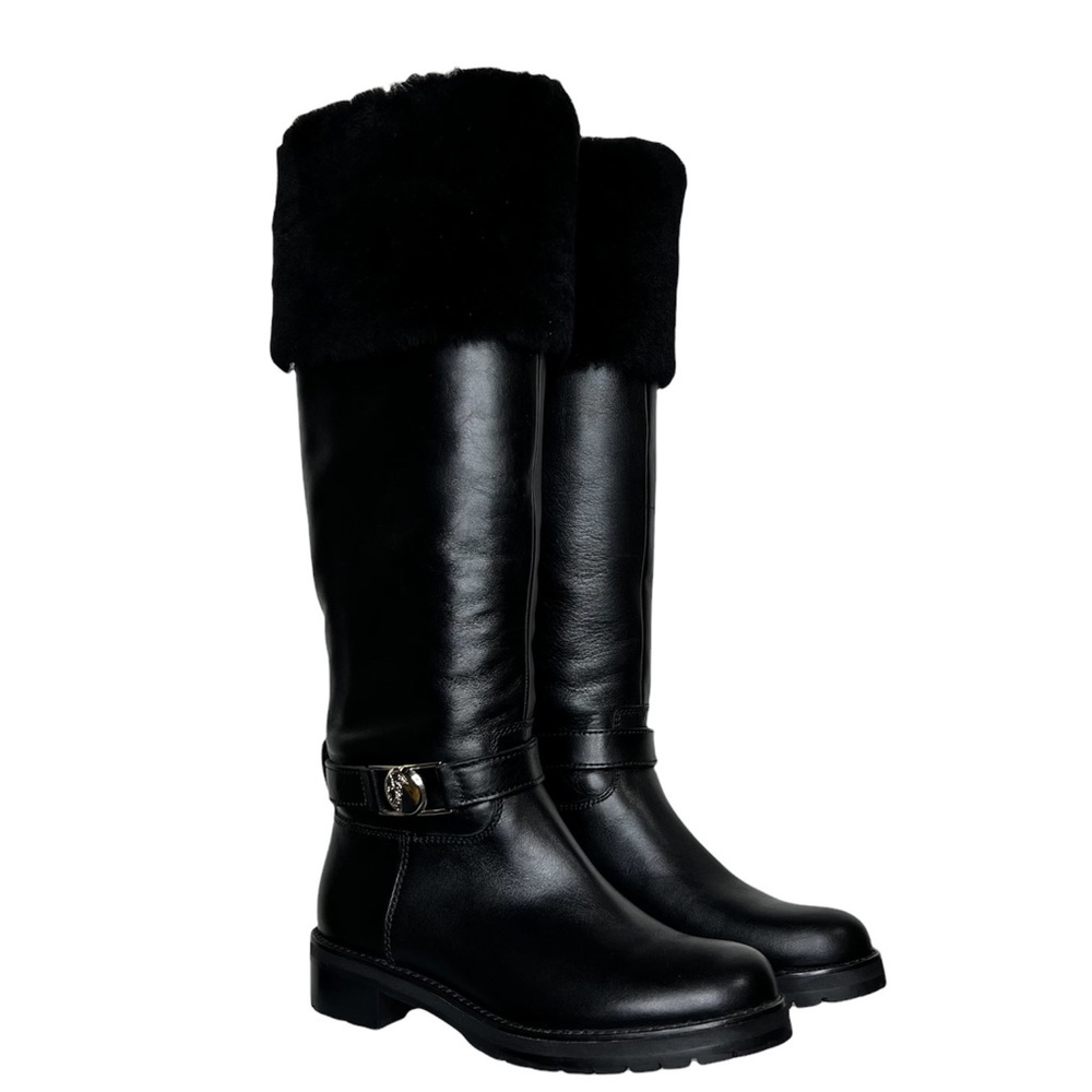 Versace Black Leather Genuine Fox Fur Tall Riding Boots Size 6 Women's New